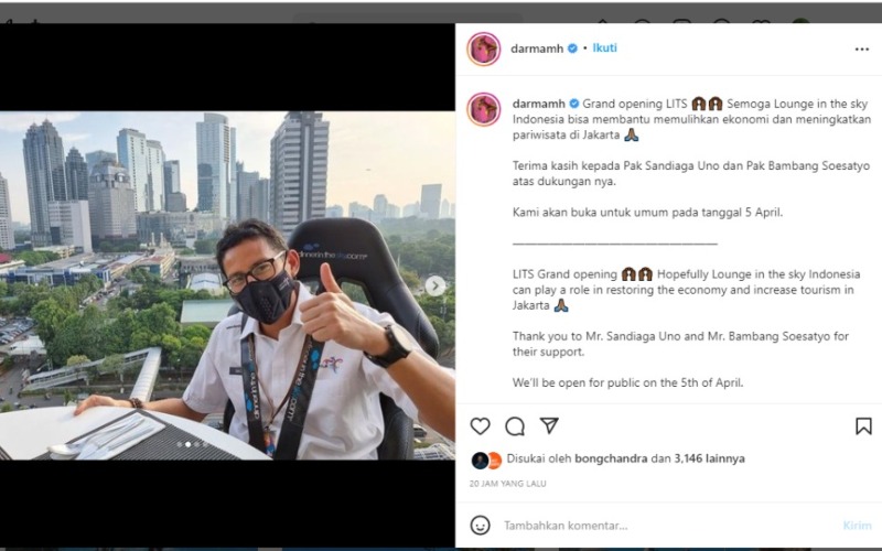 Menteri Pariwisata dan Ekonomi Kreatif Sandiaga Salahuddin Uno mengajak kelompok elit untuk menikmati sajian di Lounge In The Sky. - Instagram
