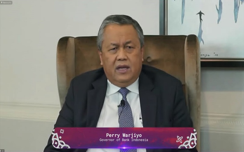 Gubernur Bank Indonesia (BI) Perry Warjio dalam High Level Discussion: Strengthening Economic Recovery Amidst Heightened Uncertainty pada Jumat (22/4/2022)  -  Bisnis / Ni Luh Anggela