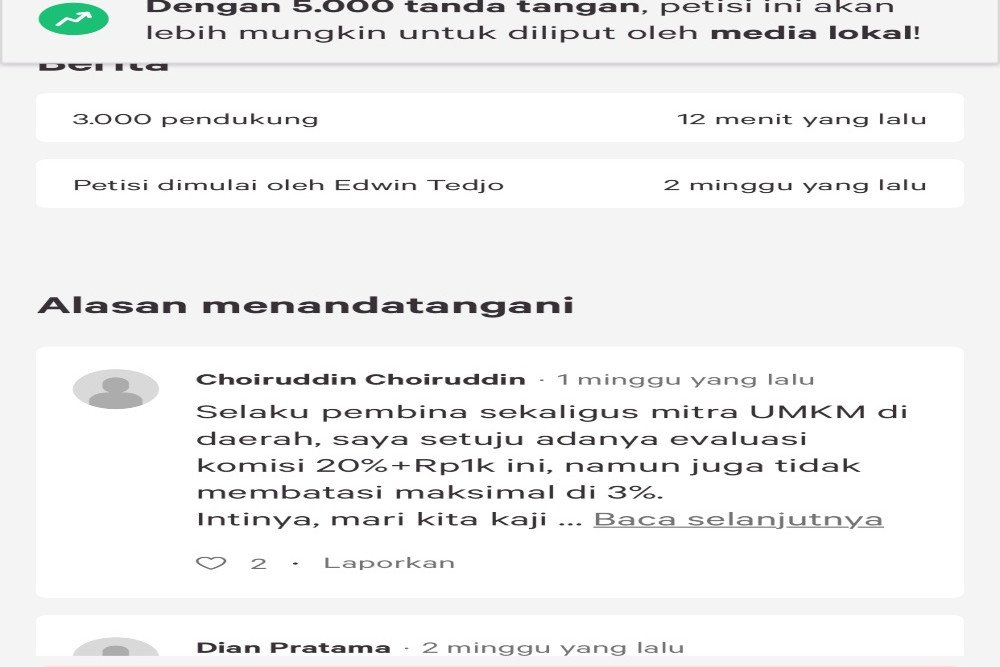 Tangkapan layar Petisi yang dilayangkan terhadap aplikator pesan-antar makanan - Istimewa