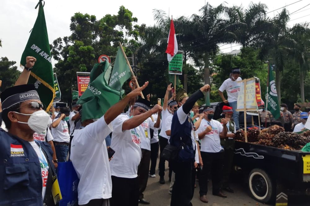Petani Sawit yang tergabung dalam Asosiasi Petani Kelapa Sawit Indonesia (Apkasindo) menggelar aksi demonstrasi menolak larangan ekspor CPO di depan Gedung Kementerian Koordinator Bidang Perekonomian, Selasa, 17 Mei 2022 - BISNIS - Annasa Rizki Kamalina. 