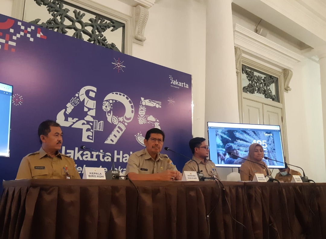 Konferensi Pers Ulang Tahun DKI Jakarta di Balairung, Balai Kota DKI Jakarta, Gambir, Jakarta Pusat, Senin (23/5/2022). (Foto: Pernita Hestin - Bisnis Indonesia) 