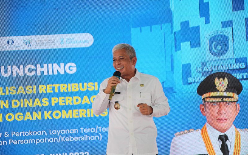 Bupati Kabupaten OKI Iskandar memberikan kata sambutan saat launcing transaksi digital. istimewa