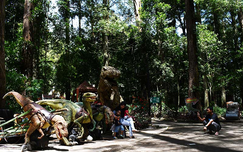 Pengunjung bermain dengan replika dinosaurus di kawasan Wana Wisata Mojosemi Forest Park Magetan, Jawa Timur, Jumat (14/1/2022). Wana wisata yang berada di lereng Gunung Lawu tersebut banyak dikunjungi wisatawan dari berbagai daerah terutama pada hari libur. ANTARA FOTO/Siswowidodo
