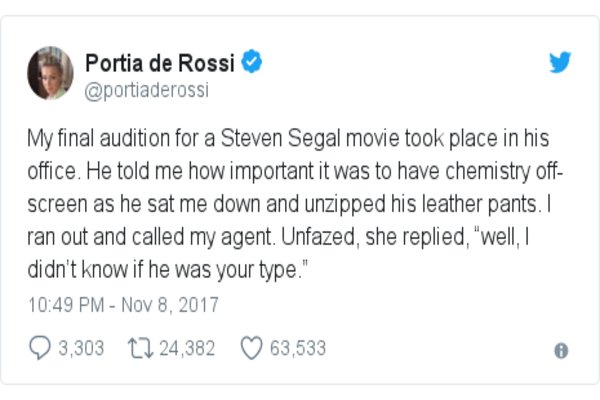 Portia de Rossi Ngetwit, Tuduh Steven Seagal Pelecehan Seksual