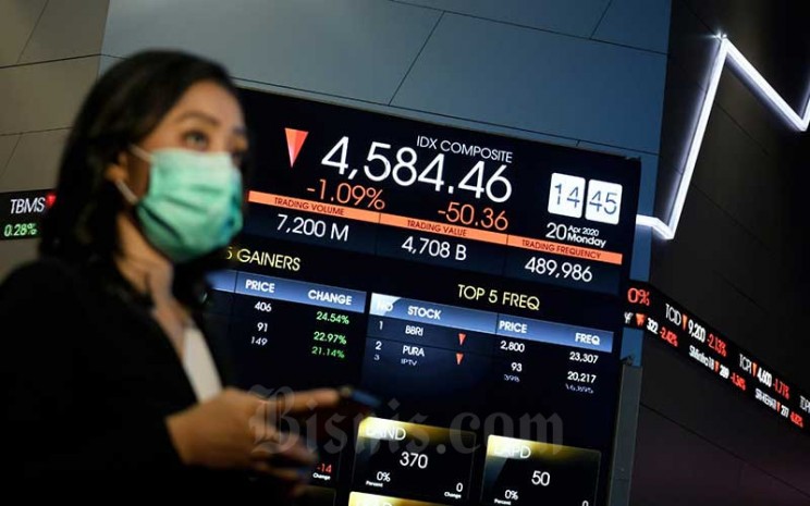 Pengunjung melintasi layar monitor perdagangan Indeks Saham Gabungan (IHSG) di Bursa Efek Indonesia, Jakarta, Senin (20/4/2020). Bisnis - Abdurachman