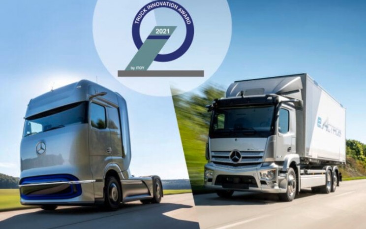 Konsep truk sel bahan bakar GenH2, dan Mercedes Benz eActros baterai-listrik.  - Daimler