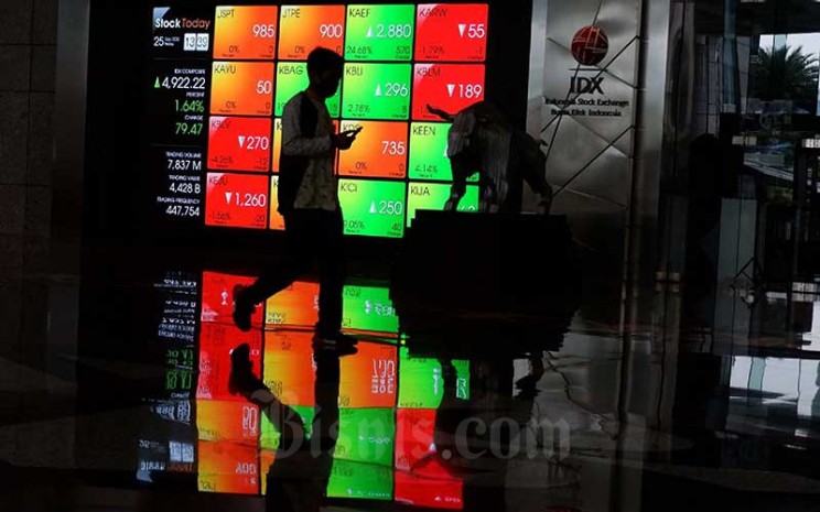 Pengunjung berjalan di dekat papan elektronik yang menampilkan perdagangan harga saham di kantor PT Bursa Efek Indonesia (BEI)  di Jakarta, Jumat (25/9/2020). Bisnis - Dedi Gunawan 