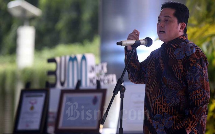 Menteri Badan Usaha Milik Negara (BUMN) Erick Thohir memberikan sambutan saat acara peringatan 25 Tahun initial public offering (IPO) Telkom di Jakarta, Kamis (19/11/2020). Bisnis - Abdullah Azzam