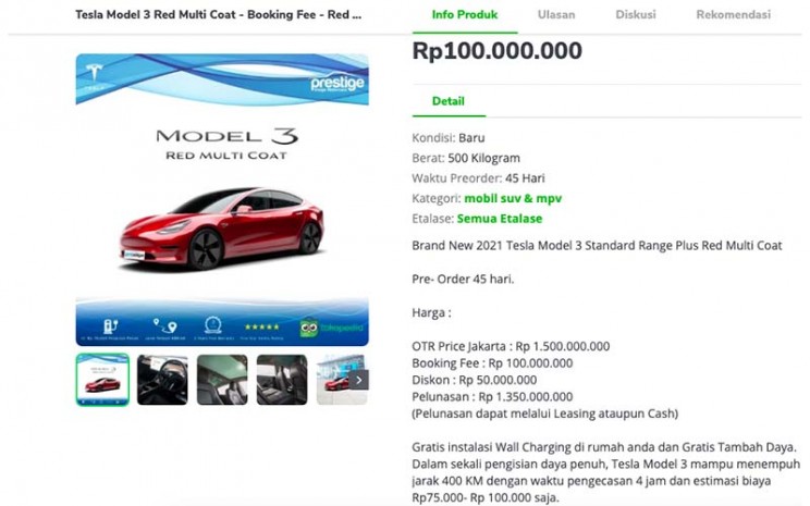 Perusahaan imporit umum, Prestige Motors menjual Tesla Model 3 melalui Tokopedia.