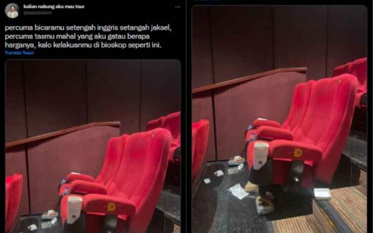 Tangkapan layar cuitan Oslo Ibrahim yang tunjukkan sampah makanan dan minuman milik penonton bioskop berserakan setelah menonton film - Twitter/osloibrahim.