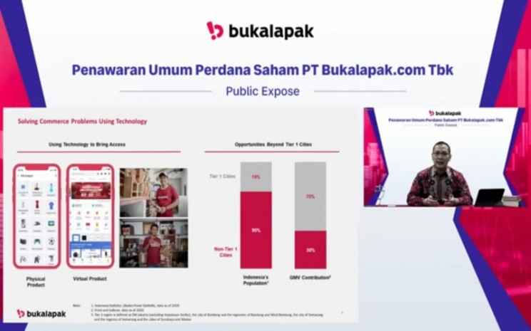 CEO Bukalapak Rachmat Kaimuddin menjelaskan rencana bisnsi perusahaan dalam acara Penawaran Umum Perdana Saham PT Bukalapak.com Tbk., Jumat (9/7/2021). -  Bisnis/Ika Fatma Ramadhansari