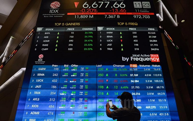 Karyawan berada di dekat layar pergerakan indeks harga saham gabungan (IHSG) di Bursa Efek Indonesia, Jakarta, Selasa (11/1/2022). Bisnis - Fanny Kusumawardhani