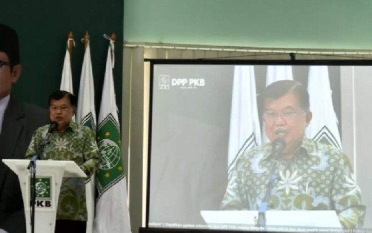 Wakil Presiden RI ke-10 dan ke-12 Muhammad Jusuf Kalla saat menjadi narasumber dalam diskusi (halaqah) jelang satu abad lahirnya organisasi Nahdlatul Ulama (NU) di kantor DPW PKB, Jakarta, Kamis (2/12/2021). - Antara