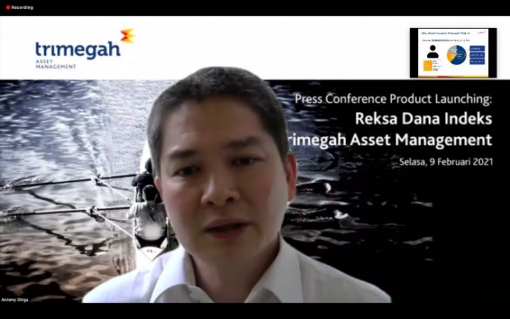 Direktur Utama Trimegah AM Anthony Dirga dalam press conference Trimegah FTSE Indonesia Low Volatility Factor Index, Selasa (9/2/2021). - Bisnis/Dhiany Nadya Utami