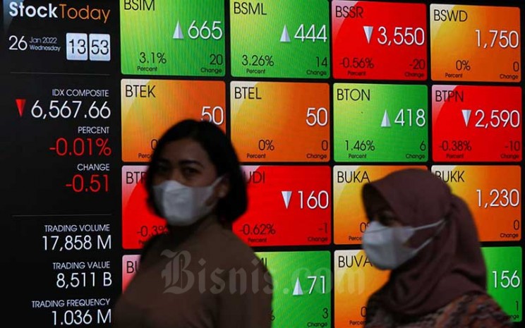 Karyawan melintas di dekat layar pergerakan Indeks Harga Saham Gabungan (IHSG) di Bursa Efek Indonesia (BEI), Jakarta, Rabu (26/1/2022). Bisnis - Suselo Jati