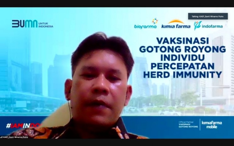 Sekretaris Perusahaan PT Kimia Farma Tbk. Ganti Winarno memberikan sosialisasi mengenai program Vaksinasi Gotong Royong Individu dalam konferensi pers virtual, Senin (12/7/2021). - Dwi Nicken Tari