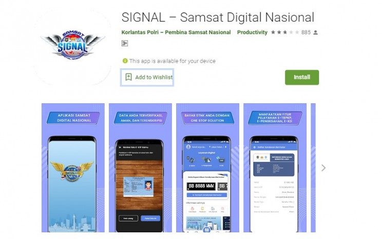 Aplikasi Samsat Digital Nasional (Signal) untuk bayar pajak kendaraan bermotor secara online - Google Playstore 