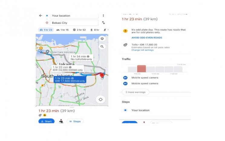 Ilustrasi tampilan fitur tarif tol pada Google Maps - Bisnis/Dany Saputra