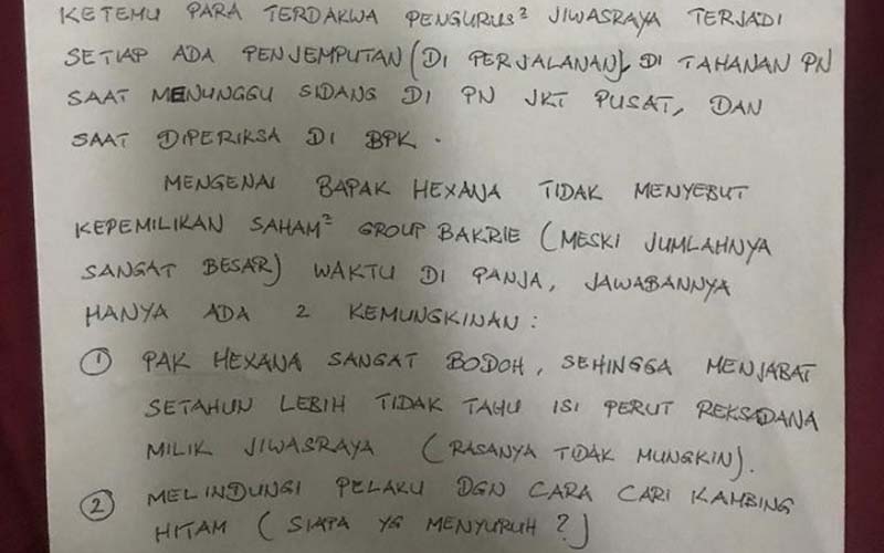 Kasus Jiwasraya: Beredar Tulisan Benny Tjokro yang Menyinggung Saham